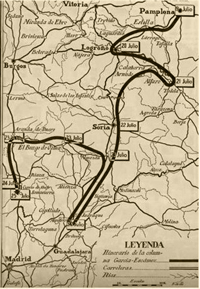 Recorrido de la columna Navarra que pasase por Cendejas de la Torre en 1936 (Cf. Internet).
